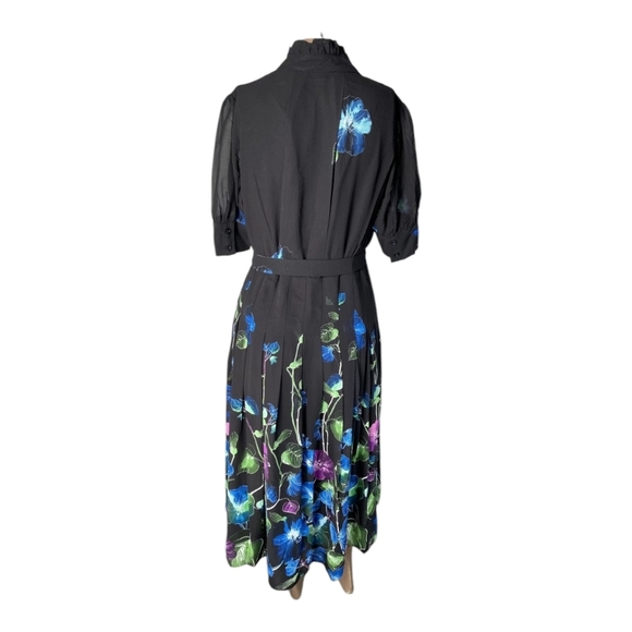 Gracia Womens Maxi Dress Black Size L Blue Purple Floral Belted Fit & Flare - Picture 7 of 13
